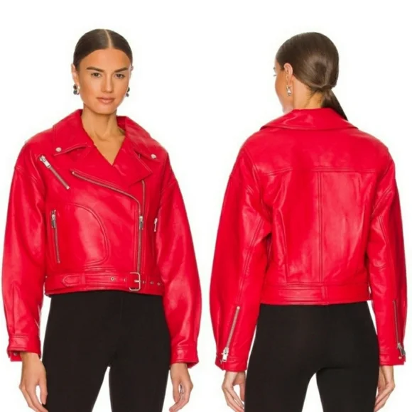 Ena Pelly Red Leather ‘Grace’ Biker Moto Jacket